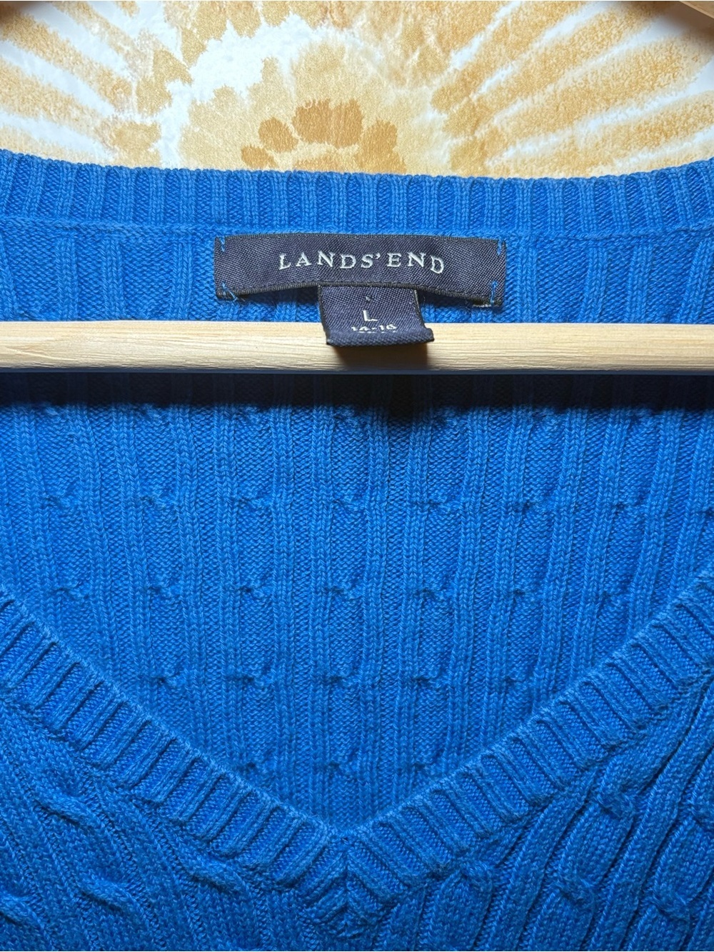 Lands' End Royal Blue Cable Knit V-Neck Sweater | Classic Preppy Pullover - Picture 3 of 10